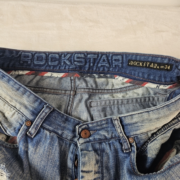 Rockstar Jeans Men's 34 Blue Distressed Denim Graphic Painted Art Graffiti - Picture 7 of 14